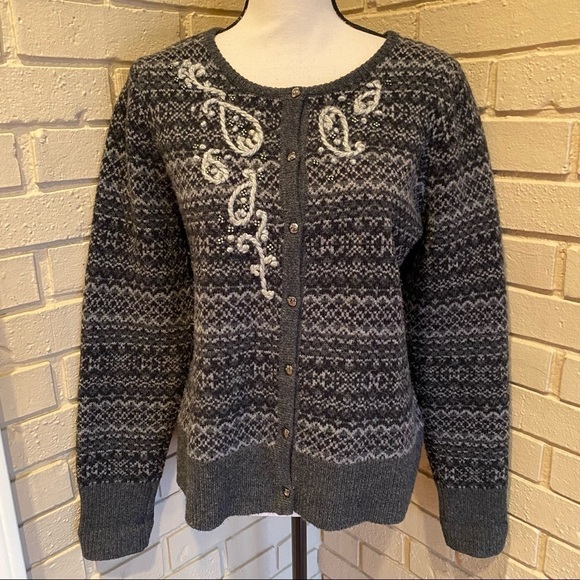 Eddie Bauer Embroidered Fair Isle Nordic Cardigan Sweater Wool Women's Large L - Picture 1 of 7